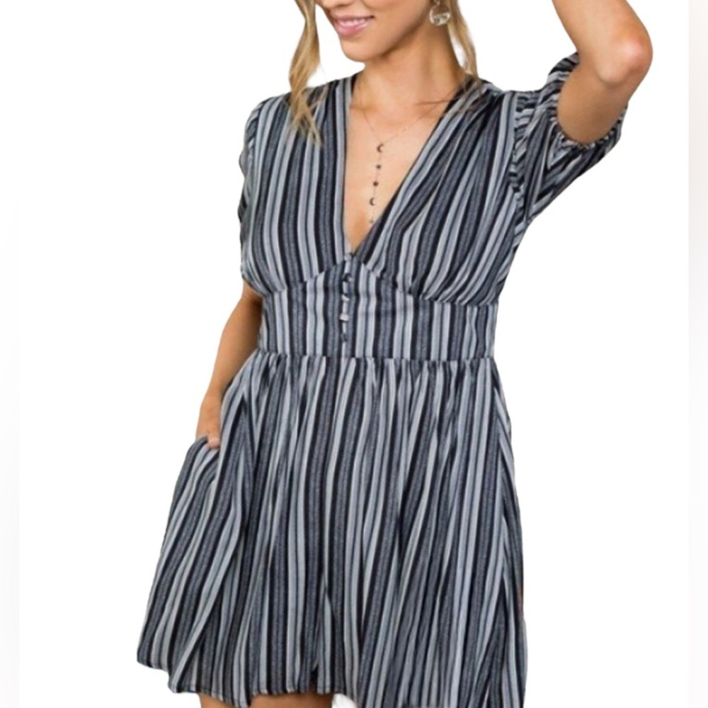 Main Strip V-Neck Jumper Buttoned Striped Playsuit Romper with pockets New